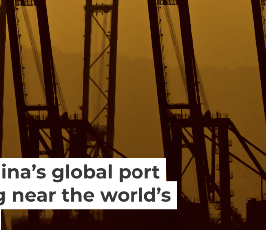 The silhouettes of the container cranes in the Port of Balboa in Panama City on Feb. 24, 2026. Martin Bernetti/ AFP via Getty Images